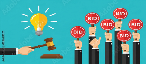 Online Auction Concept with Judge Gavel, Bid Signs, and Idea Lightbulb for Business Bidding, Marketing, and Sales Strategy Design