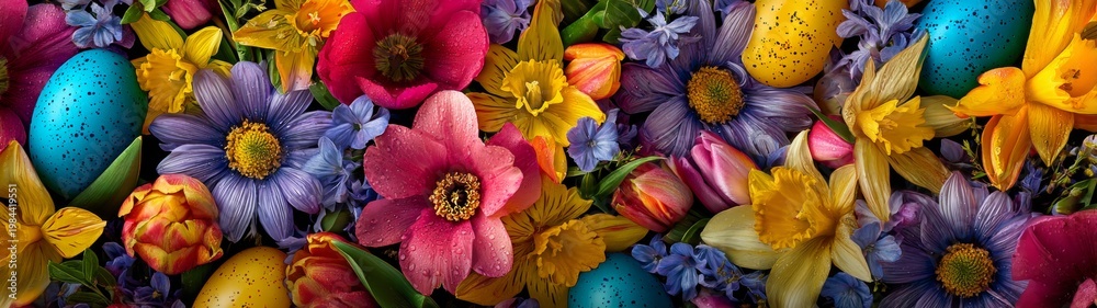 Fototapeta premium Blossoming easter dreams: a minimalistic celebration of nature. Poster design. A creative layout of colorful florals and easter eggs against minimal nature. Advertising photo. Epic poster.