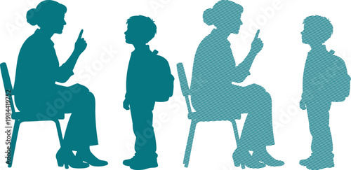 Teal silhouettes of adults and children using phones