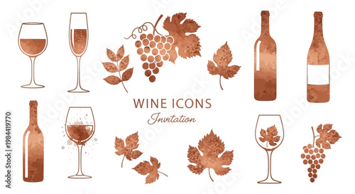 Elegant hand-drawn watercolor wine elements set for sophisticated event invitations, beverage menus, and winery branding designs, ideal for a refined aesthetic