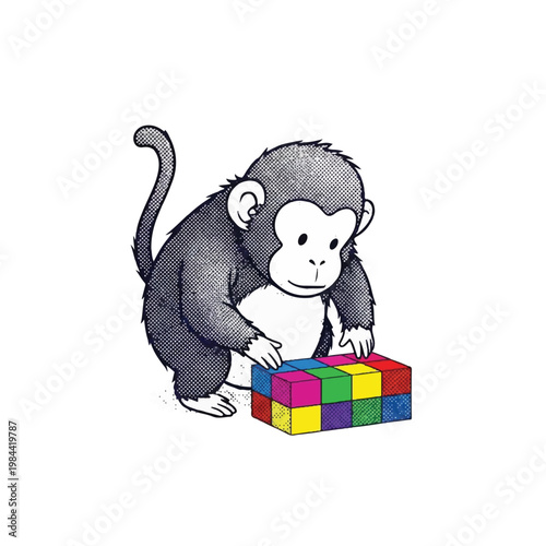 Monkey playing with colorful cube toy.