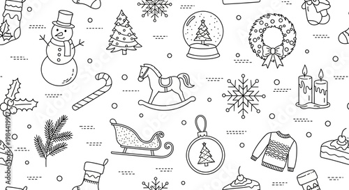 Charming Christmas Holiday Seamless Pattern with Hand-Drawn Outline Icons. Festive Winter Doodle Background Featuring Seasonal Elements for Wrapping Paper and Digital Designs
