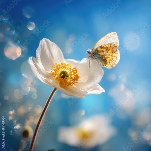 White Flower with Yellow Center and Butterfly Resting on Petal in Bright Natural Sunlight