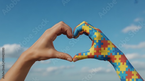 Hands form a heart shape with autism puzzle pattern against a blue sky