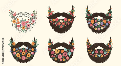 six different styles of male beards and mustaches decorated with colorful spring flowers and leaves for creative fashion and grooming.