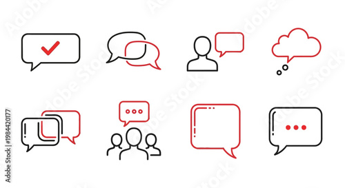Set of speech bubble icons with a checkmark, chat bubbles, person silhouette, and group icons representing communication and dialogue