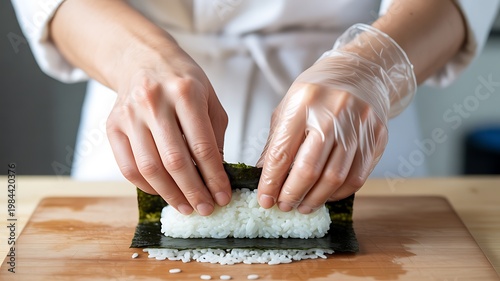 Hands preparing sushi rolls on a wooden board