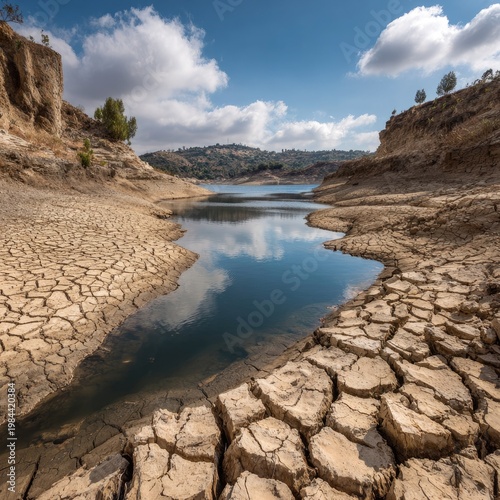 Dry Cracked Land with Narrow Water Channel Under Bright Blue Sky and Puffy Clouds in Arid Landscape