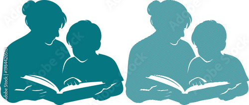 Teal silhouettes of woman and child reading book