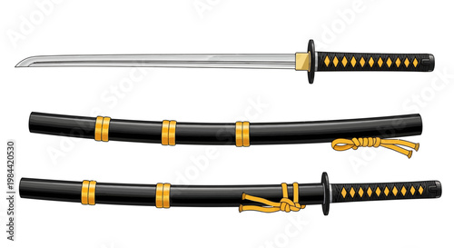 Elegantly designed Japanese short sword with its sleek black scabbard, showcasing the traditional craftsmanship and symbolic power of ancient warrior culture in a clear, isolated presentation