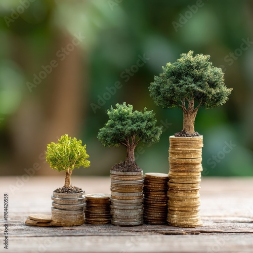 Stacked Coins with Small Medium and Large Trees Growing on Top in Natural Setting