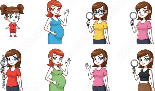 Vector illustration set of diverse women and a girl in various poses, including pregnancy, casual outfits, and using a magnifying glass for investigation or research