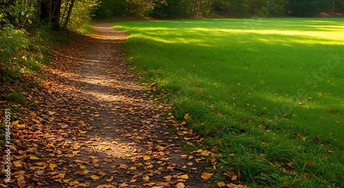 Autumn path covered with fallen leaves winding through a sunlit forest next to a vibrant green meadow in golden hour light