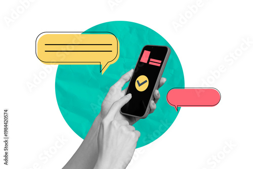 Composite photo collage of hands hold phone gadget screen notification bubble confirm checkbox sms icon isolated on painted background