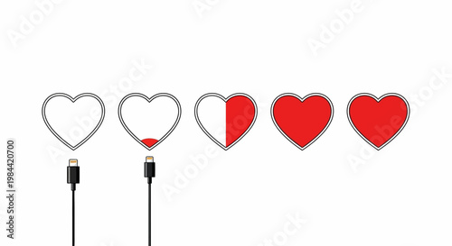A conceptual illustration depicting the gradual charging of heart-shaped battery icons, symbolizing emotional replenishment, the power of love, or the progress of feelings being nurtured 