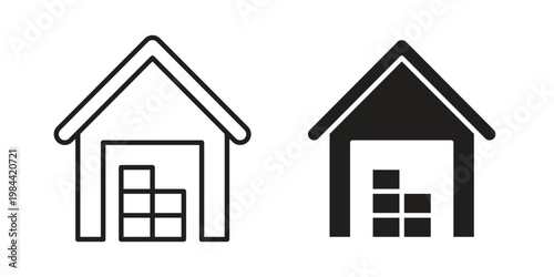 Warehouse icon outline and solid set. Graphic icons