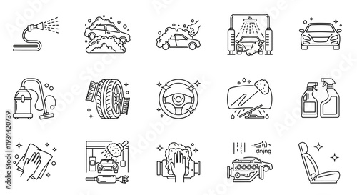 Essential vector line icon collection for car wash, auto detailing, and vehicle maintenance services, ideal for concepts of comprehensive automotive care and cleaning