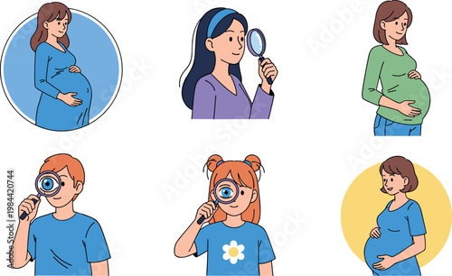 Vector illustration set of diverse women and children in various poses, including pregnancy, magnifying glasses for exploration, and casual outfits