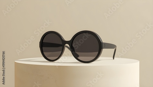 A pair of stylish black sunglasses sitting on a white cylindrical pedestal against a beige background