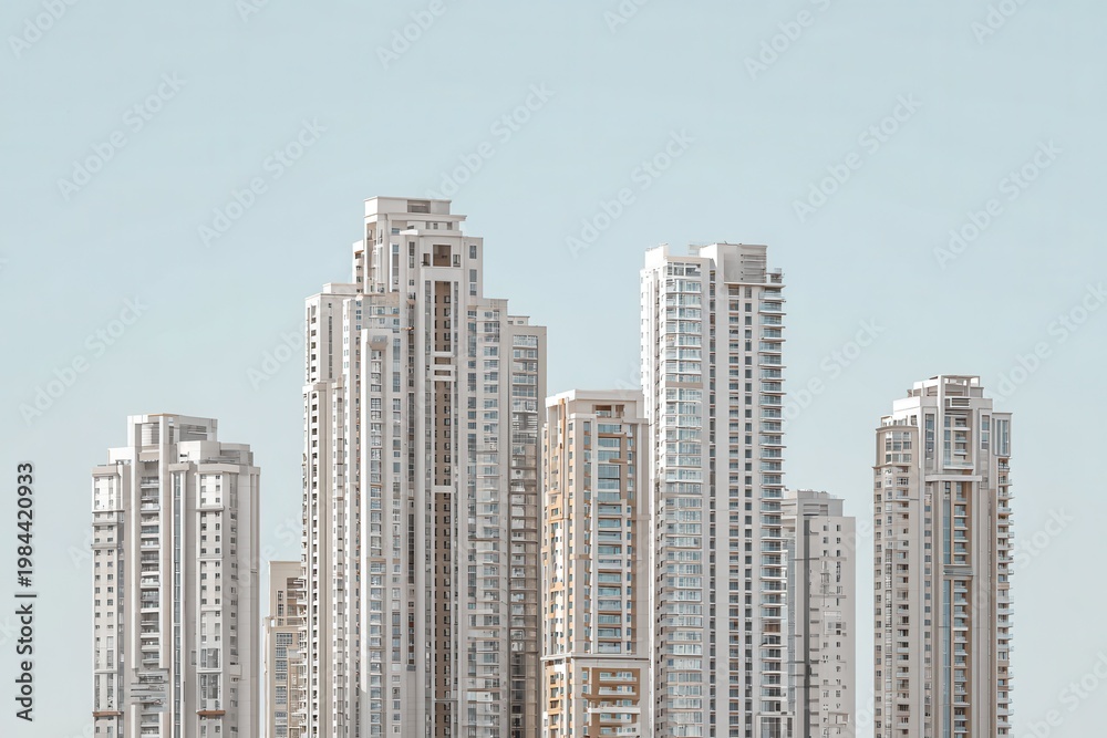 Fototapeta premium Minimal city skyline with modern skyscrapers and large copy space clean urban background blue sky