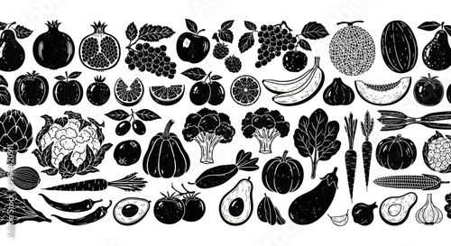 A Whimsical Collection of Fresh Fruits and Vegetables in a Silhouette Style, Showcasing a Variety of Healthy Produce