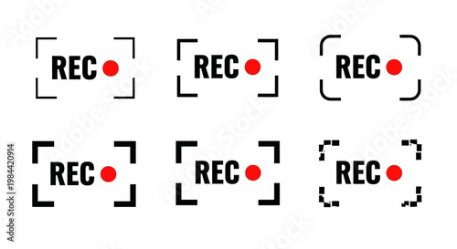 Collection of six recording icons representing video or audio capture, with a red dot indicating active recording status