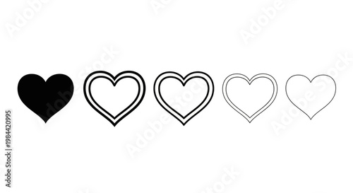 A progression of heart icons in varying states of detail, from solid to outline