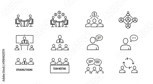 Linear vector icons illustrating essential business communication team meetings, public speaking, collaboration, networking, and group discussions for professional environments