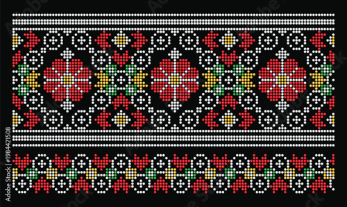 Ukrainian Bead Pattern with Red Flowers on Black