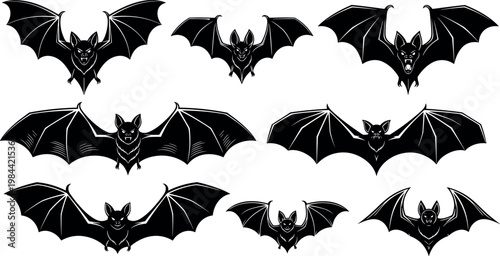 Flying bat silhouette collection with spread wings spooky halloween animal icons set for dark gothic and horror design themes