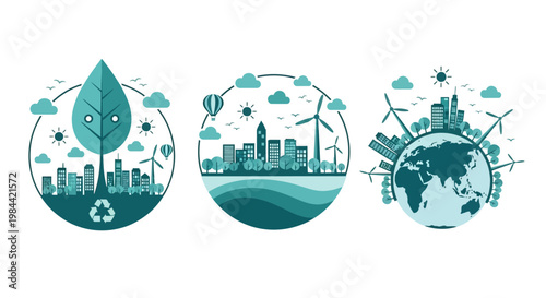 Illustrations of sustainable cities promoting green urban development, renewable energy, and global environmental protection for an eco-friendly future