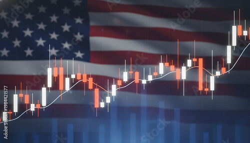 American flag with glowing stock charts symbolizing economic strength. Financial Markets / Investment & Economy