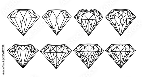 Collection of stylized diamond facets and cuts, presented as line art illustrations
