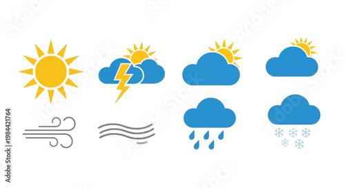 Collection of Weather Icons Sun, Clouds, Rain, Snow, Lightning, and Wind