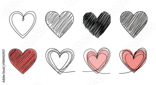 variety of hand drawn heart sketches in different artistic styles from simple outlines to filled scribbles for valentine and romance themes.