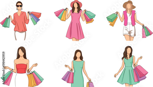 Vector illustration set of fashionable women carrying colorful shopping bags in stylish summer outfits, ideal for fashion, shopping, and retail-themed designs