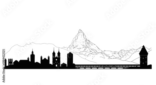 City skyline with tall buildings.