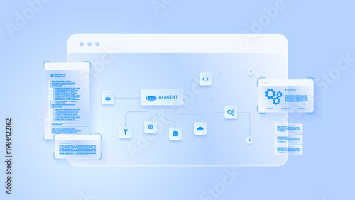 AI workflow automation artificial intelligence. ai agent workflow diagram dashboard machine learning showing node input, processing flow panel, coding panel and process flow.