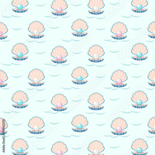 Blue background with multi-colored pearls in shells.Vector seamless pattern with multicolored sea pearls in shells on a blue background.