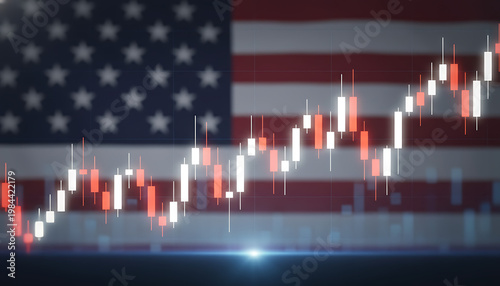 American flag with glowing stock charts symbolizing economic strength. Financial Markets / Investment & Economy