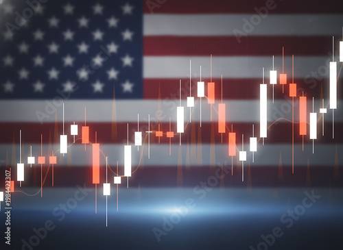 American flag with glowing stock charts symbolizing economic strength. Financial Markets / Investment & Economy