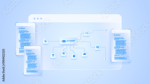 AI workflow automation artificial intelligence. ai agent network diagram dashboard machine learning flow process, coding and automation system.