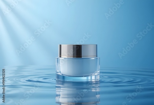 Luxurious white cosmetic cream jar with a sleek silver lid resting on a refreshing blue water surface, illuminated by gentle light rays for a clean skincare product display