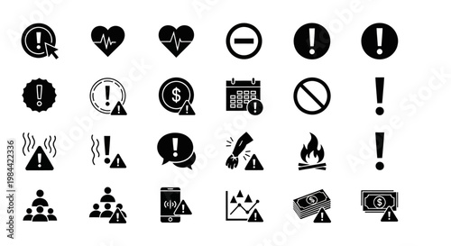 Diverse collection of black warning and alert icons, symbolizing critical issues, errors, problems, and essential notifications for modern digital interfaces and user experience