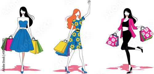 Vector illustration set of fashionable women in trendy outfits, carrying colorful shopping bags, perfect for retail, fashion, and shopping-related designs