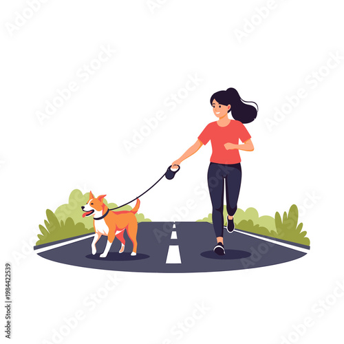 Young Woman Jogging with Her Dog on Road Illustration