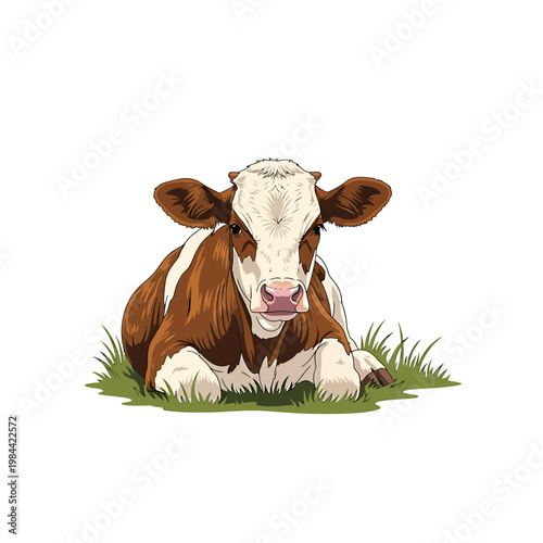 Vector illustration of a cute brown and white calf lying in grass