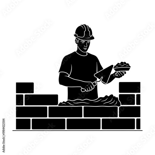 Bricklayer Building Brick Wall Vector Illustration
