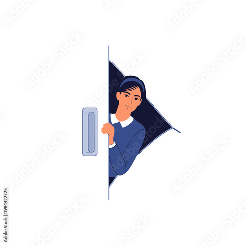 Woman Peeking Behind a Door Vector Illustration