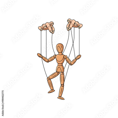 Vector Illustration of Hands Controlling a Wooden Mannequin Puppet